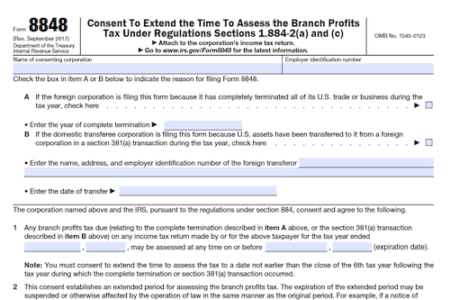 Form 8848: Consent to Extend the Time to Assess the Branch Profits Tax Under Regulations Sections 1.884-2T(a) and (c)