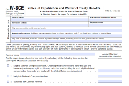 Form W-8CE: Notice of Expatriation and Waiver of Treaty Benefits