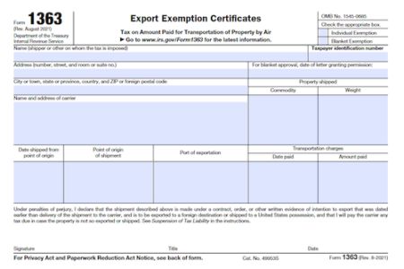 Form 1363: Export Exemption Certificates