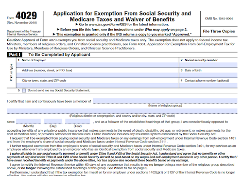 Form 4029: Application for Exemption From Social Security and Medicare Taxes and Waiver of Benefits