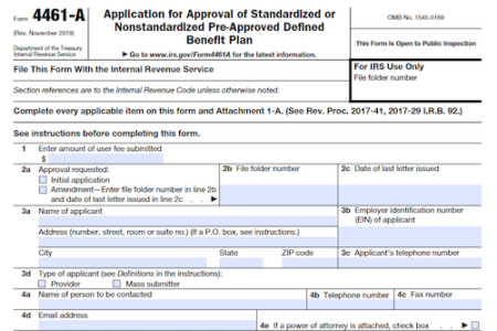 Form 4461-A: Application for Approval of Standardized or Nonstandardized Pre-Approved Defined Benefit Plan