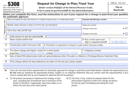Form 5308: Request for Change in Plan/Trust Year