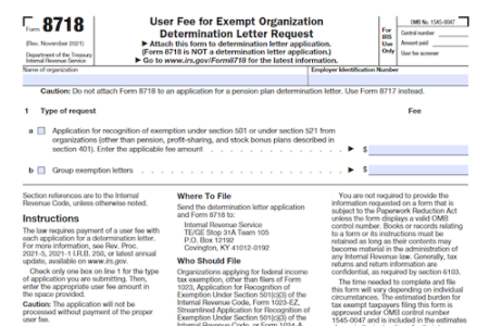 Form 8718: User Fee for Exempt Organization Determination Letter Request