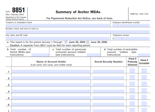 Form 8851: Summary of Archer MSAs
