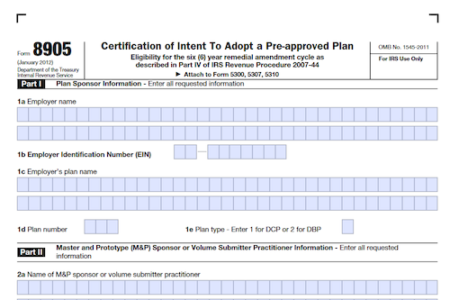 Form 8905: Certification of Intent to Adopt a Pre-Approved Plan